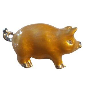 Retro‎ Gold Tone Pig Brooch Rhinestone Eyes Silver Accents Pork Hog Farm Country